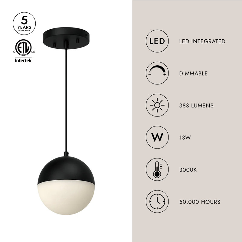 Monae 1 - Light LED Pendant, 6" H x 6" W x 6" D, Black Metal