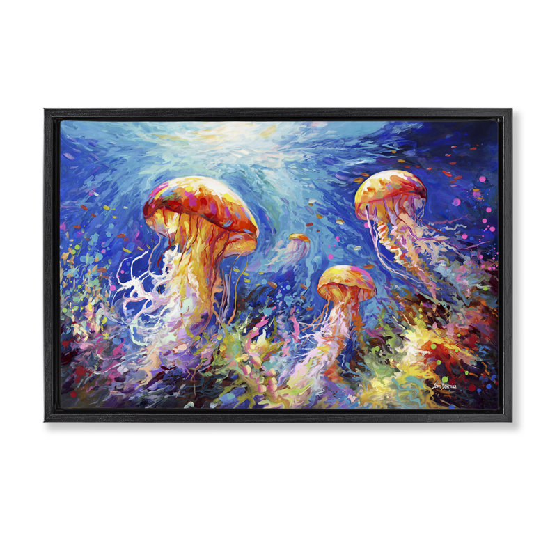 Toile flottante encadrée «Jellyfish Serenade Underwater» par Leon Devenice, Cadre flottant noir de jais, H 17 po x l 25 po
