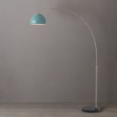 Lampe demi-dôme arquée - acier nickel satiné, base en marbre noir, demi-dôme en acier bleu piscine, à intensité variable, ampoule incluse