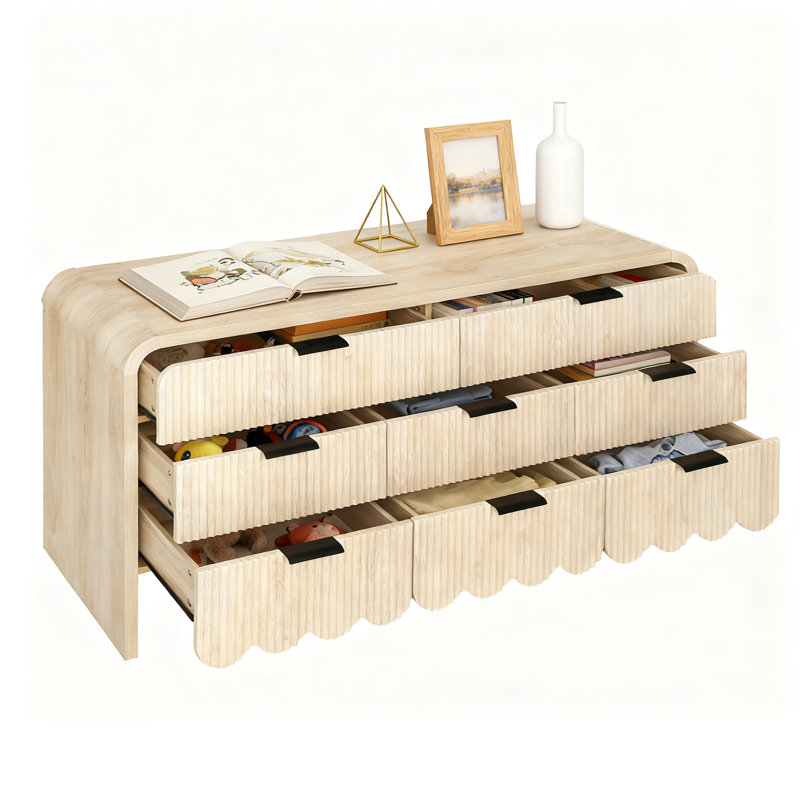 Commode à 8 tiroirs cannelés, commode moderne de 59 po de largeur avec poignées en métal, conception à bord incurvé, meuble télé, commodes modernes avec texture ondulée pour chambre à coucher, salon, couloir