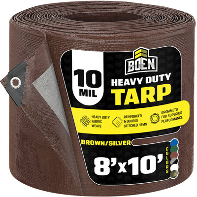 Bâche Boen brun / argenté de 8 pi x 10 pi, housse résistante imperméable et épaisse de 10 mil, toiles anti-déchirure, matériau de tissage épais, résistant aux rayons UV, idéal pour la tente de bâche, le bateau, le véhicule récréatif ou la piscine