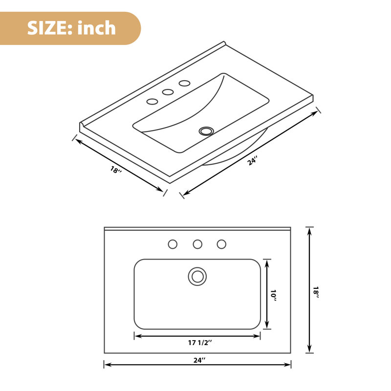 Plateau de meuble-lavabo en porcelaine vitreuse 24 po x 18 po avec lavabo rectangulaire intégré, centre à 3 trous 4 po, blanc