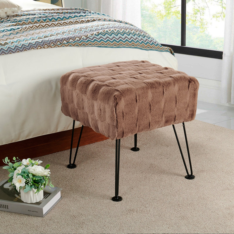 Emilijus Upholstered Ottoman, Taupe Faux Fur