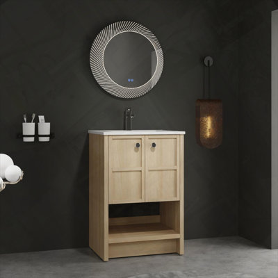 Meuble-lavabo autoportant avec évier en céramique et portes en contreplaqué en chêne