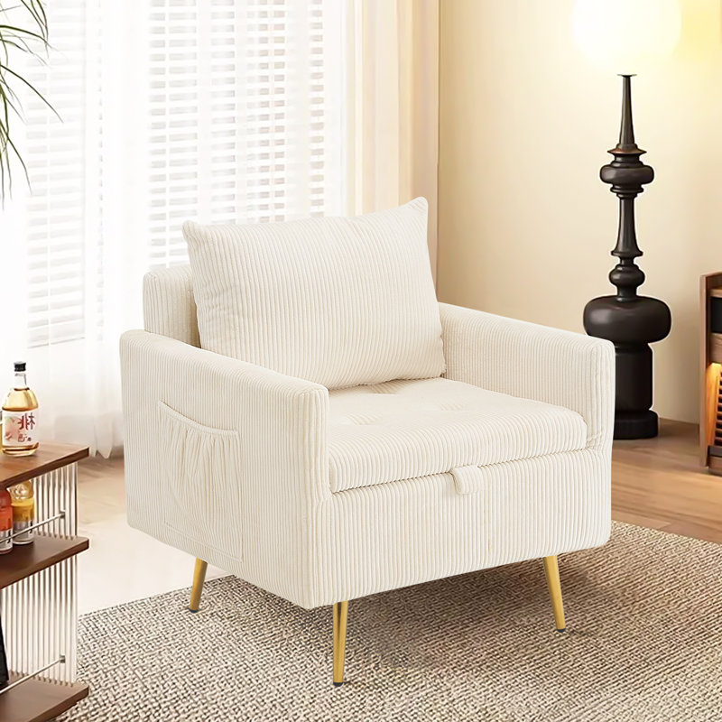 Morden Velvet Upholstered Arm Accent Chair with Storage and Pocket, Beige