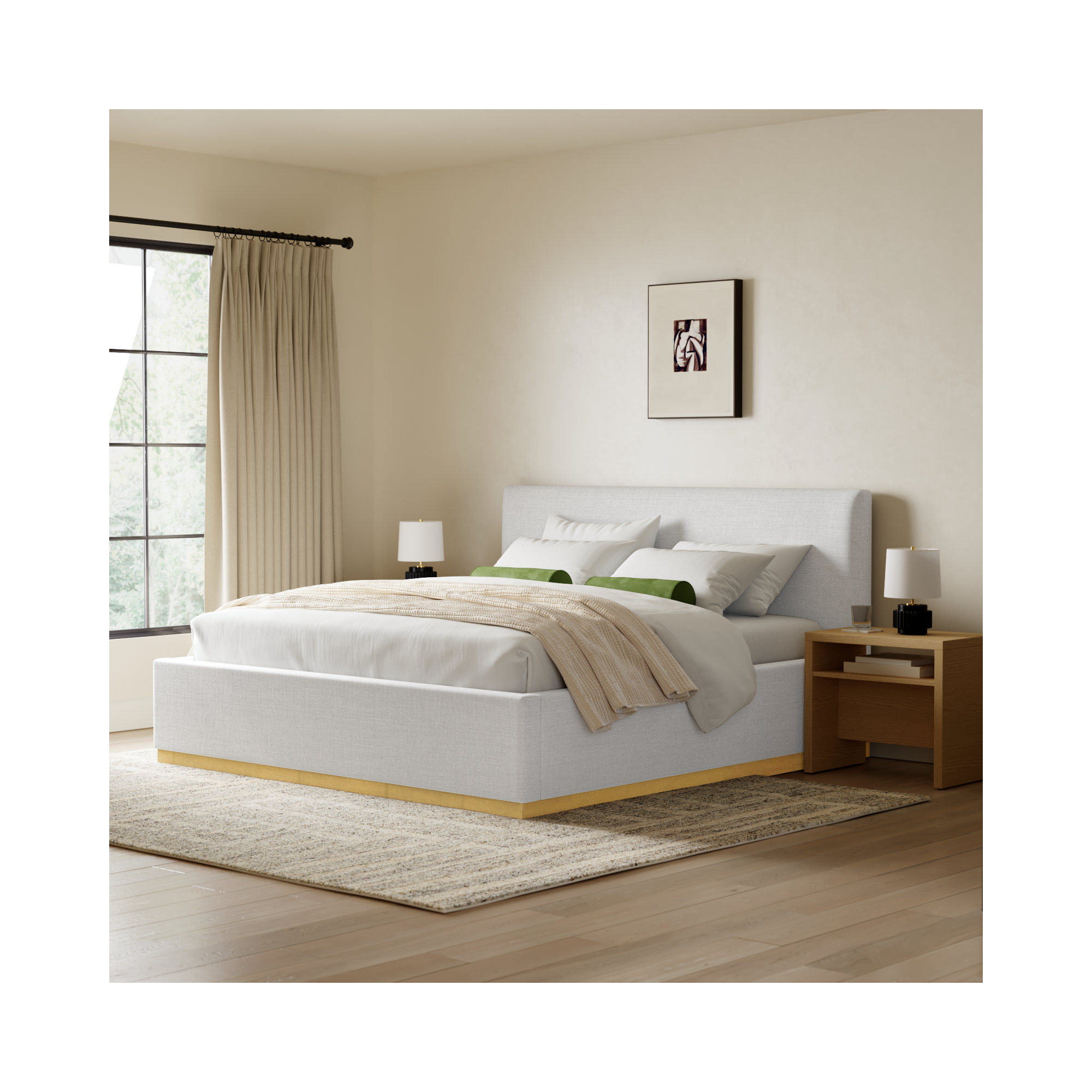 Delpha Grounded Upholstered Wood Base Bed, Queen, Stone Gray