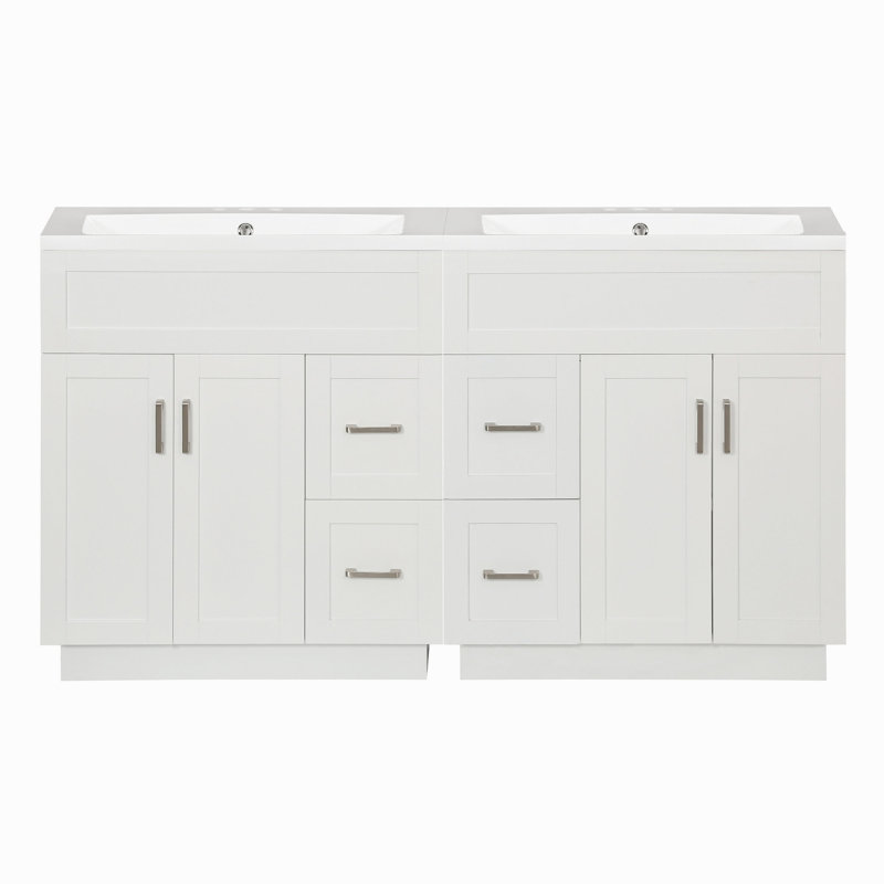 Meuble-lavabo de 60 po avec 4 portes d'armoire, 4 tiroirs, 2 tablettes réglables, deux lavabos en résine, des tiroirs cachés à fermeture en douceur et des charnières à fermeture en douceur