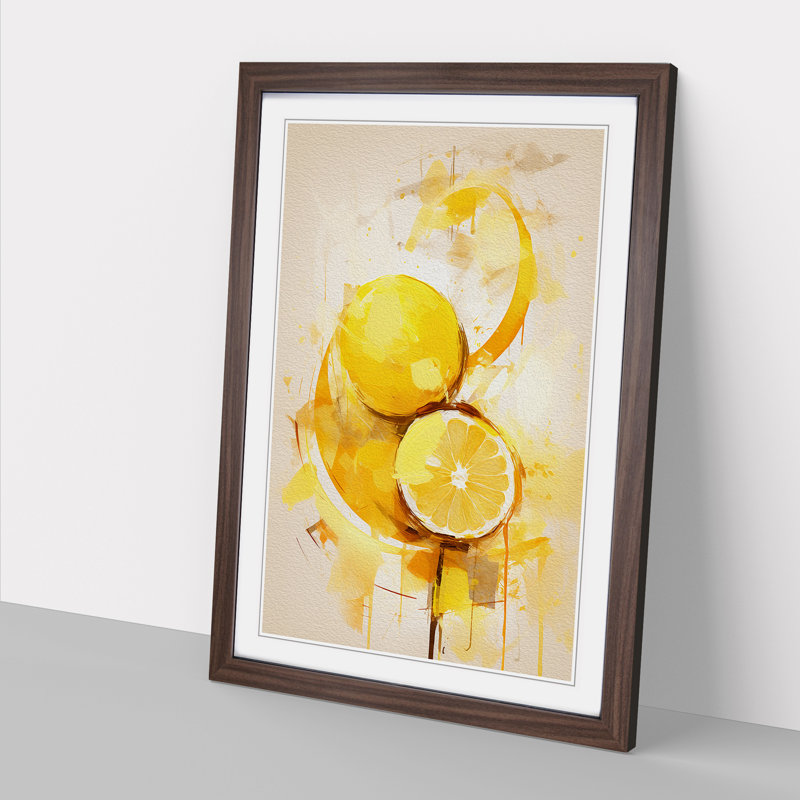 Lemon Fruit Gestural 1 Piece Single Picture Frame Wall Art, 46cm H x 34cm W x 2cm D, Walnut