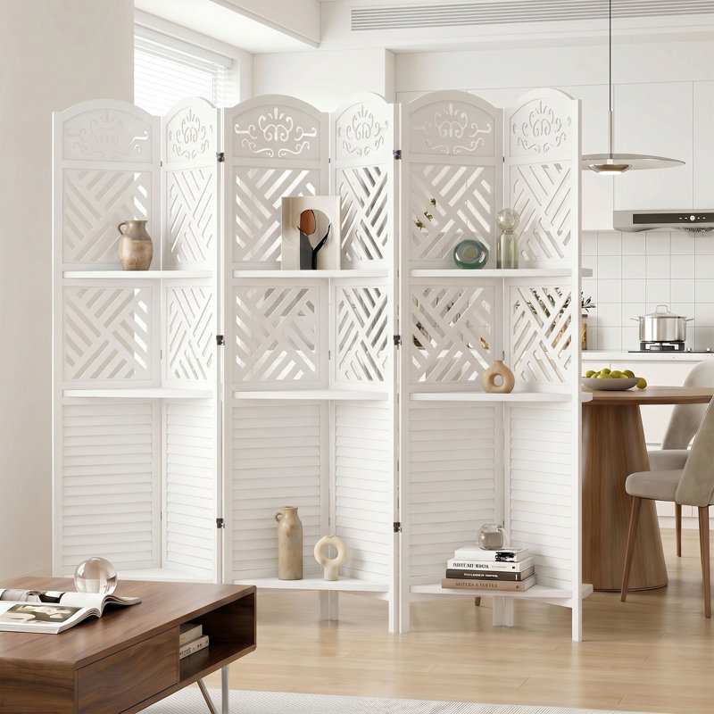 Paravent en bois sculpté avec tablettes - Paravent pliant à persiennes, 6, Blanc
