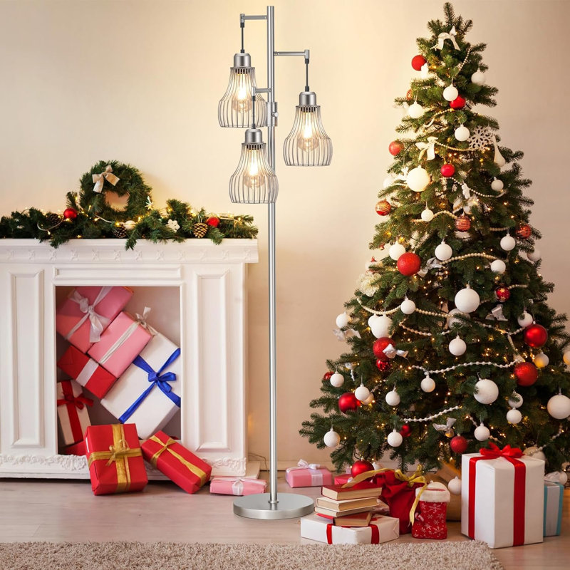 Dimmable Industrial Floor Lamp With 3 LED Bulbs For Living Room, Bedroom, Office, Silver