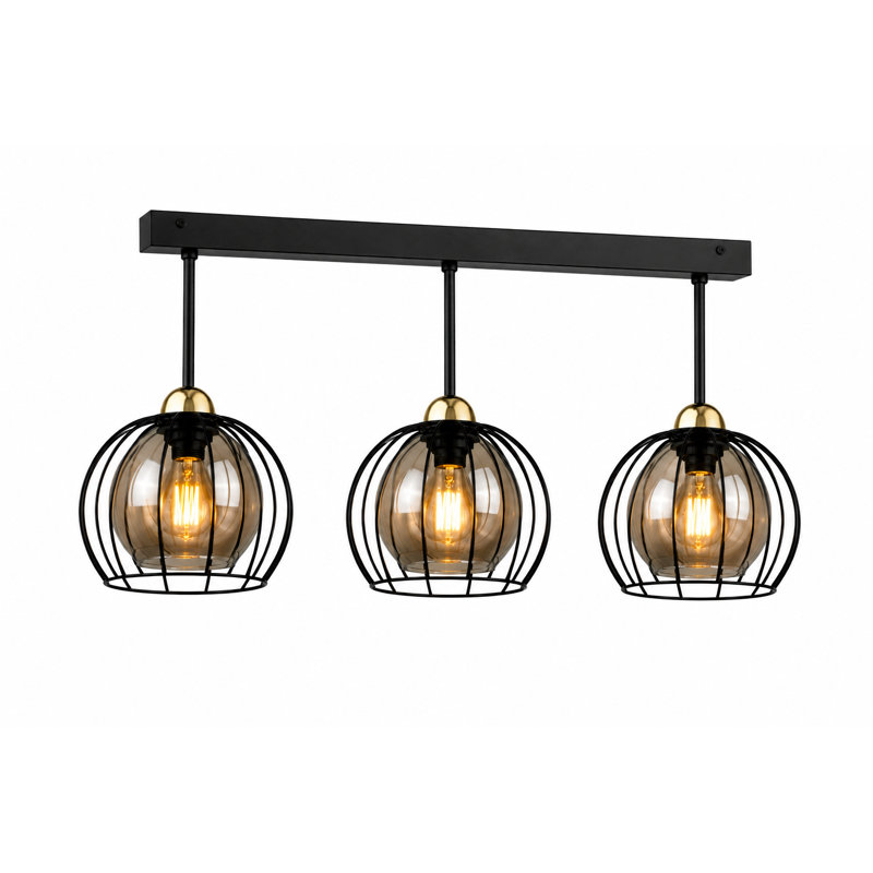 Glass Semi Flush Mount, Matt Black/Gold, 70cm W x 20cm D, 3 Lights