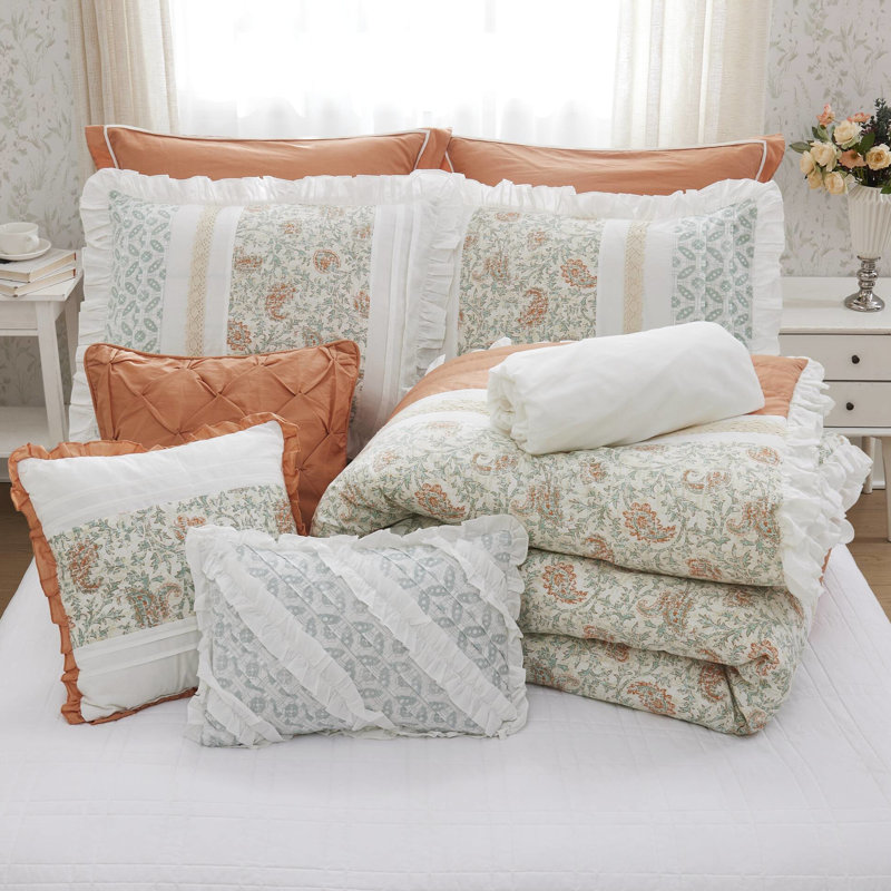 Édredon très grand lit en corail - coton 9 pièces, imprimé cachemire, bride, 2 taies décoratives, coussins décoratifs Euro 3, imprimé