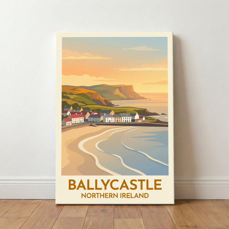 Ballycastle, Northern Ireland - Romantic Coastal Travel Poster Of The Causeway Coast. Giclee Print On Wrapped Canvas. Wall Art, Home Decor - Cities & Towns, Northern Ireland - Wrapped Canvas Print