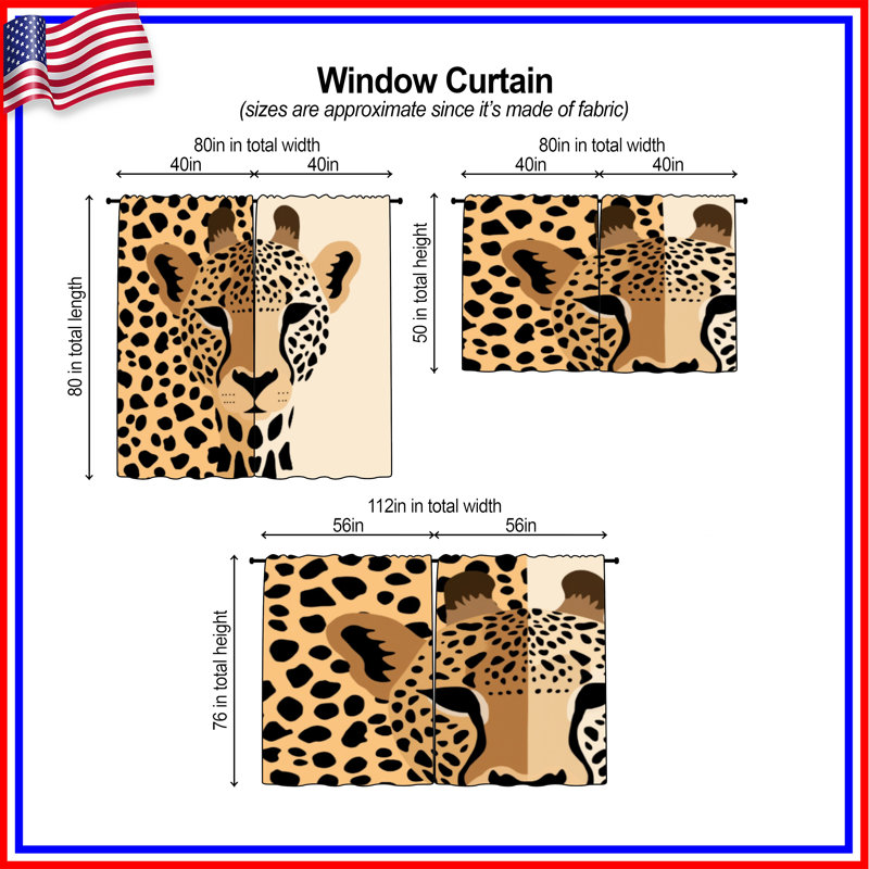 Rideaux de fenêtre Cheetah Illustration Art, 56 po x 76 po - 2 panneaux, Obscurcissement de chambre
