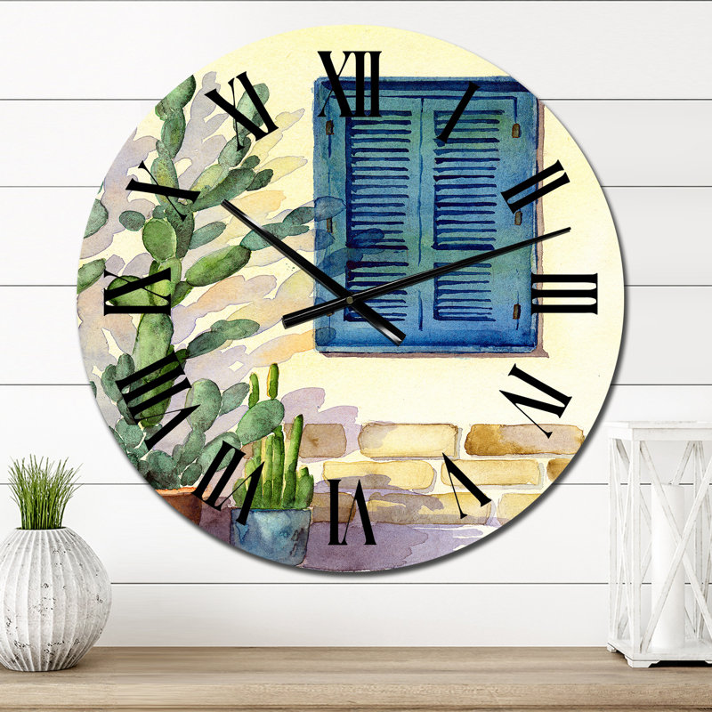 Façade de maison avec une fenêtre avec des volets turquoise - Horloge murale rétro, Petit