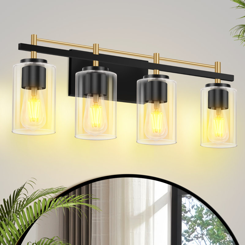 4-Light Modern Bathroom Vanity Light | Black And Gold Finish With Clear Glass Shades, 4 Lights, Black-Gold