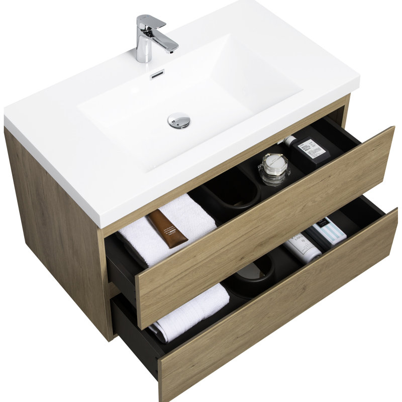 Meuble-lavabo flottant, armoire en chêne naturel avec comptoir en résine et tiroir de rangement fonctionnel de 36 po, espace spacieux