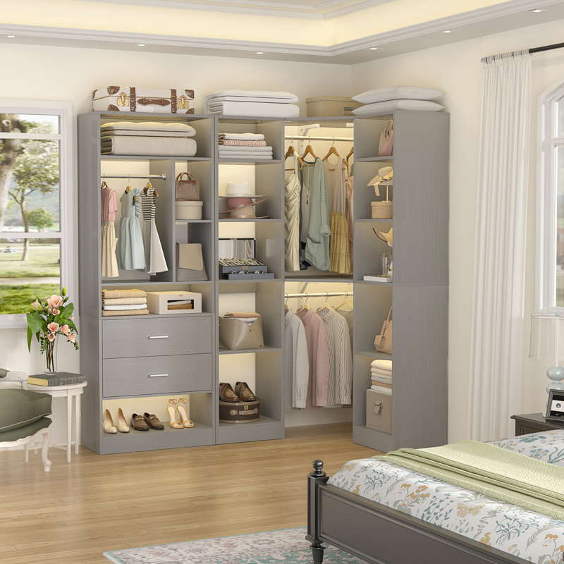 63.2" L X 39.2" W X 80" H Corner Closet System,Freestanding Closet Organizer System With 2 Drawers & 12 Shelves, Gray