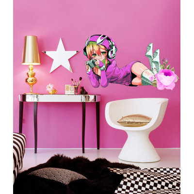 Anime Gamer Girl Wall Decal – Colorful Gaming-Inspired Sticker With Headphones & Floral Design GD539