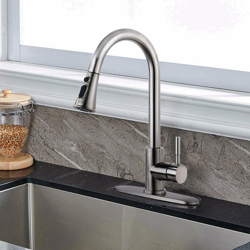 Robinet de cuisine rétractable avec pulvérisateur en acier inoxydable, Nickel brossé