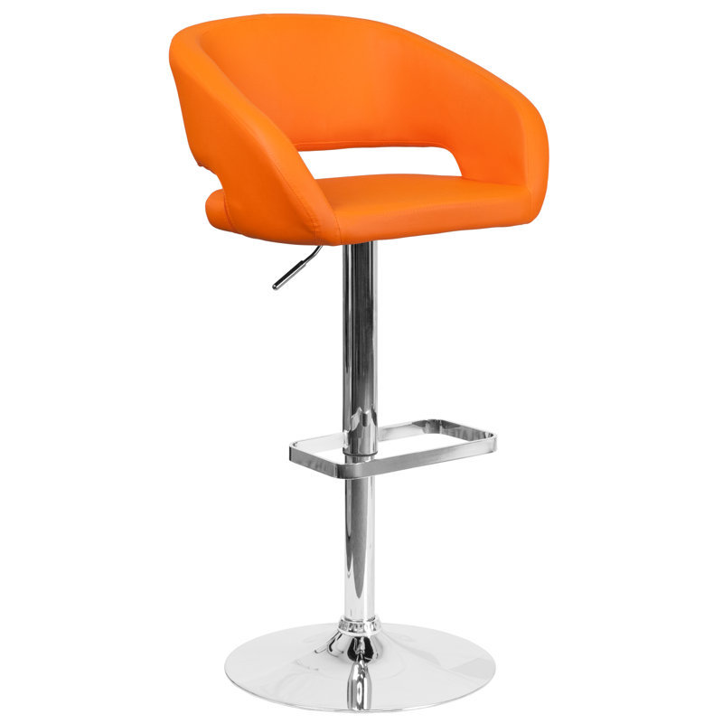 Contemporary Vinyl Adjustable Height Barstool with Rounded Mid-Back, Chrome, Orange