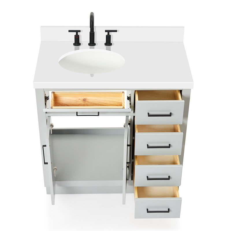 Meuble-lavabo simple en bois massif 36 po Tidworth avec plateau en quartz 1,5 po, Gris, Ovale, Gauche