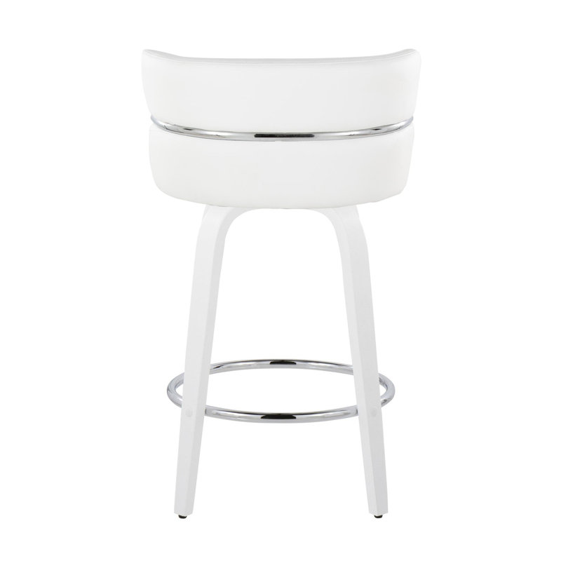 Tabouret de comptoir à hauteur fixe avec pivot en bois blanc et similicuir blanc avec repose-pieds rond chromé - ensemble de 2