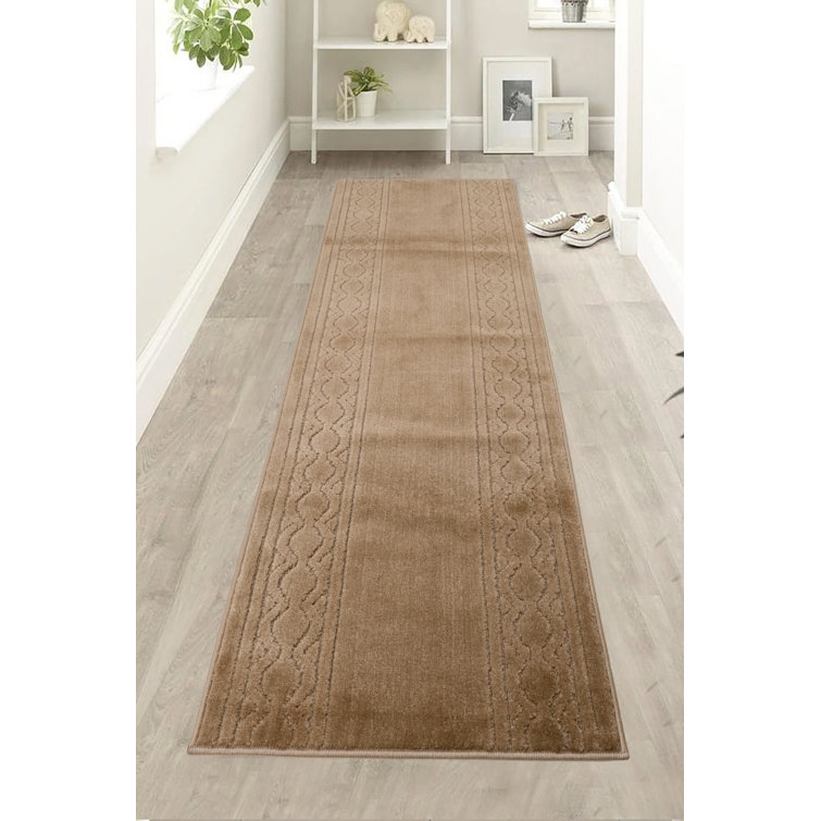 Soft Washable Anti Slip Antibacterial Chain Bordered Solid Beige Design Custom Size Runner Rug for Hallway Stairway Kitchen Entryway