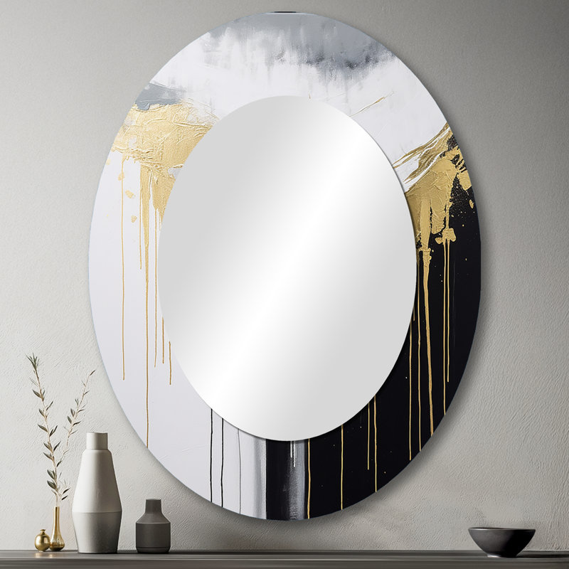 Golden River Wildness Abstract Gold And Black III - Abstract Oval Decorative Mirror On Metal, 43" x 33"