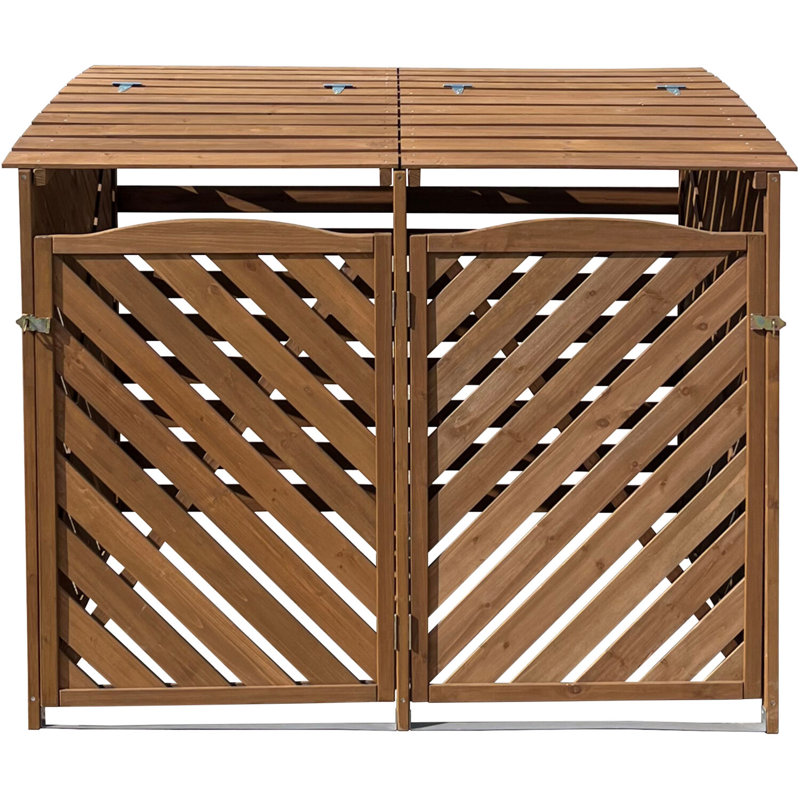 Brown Wooden Double Door Trash and Recyclables Bin Storage Shed