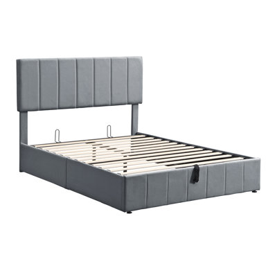 Lit plateforme double avec système de rangement hydraulique (gris)