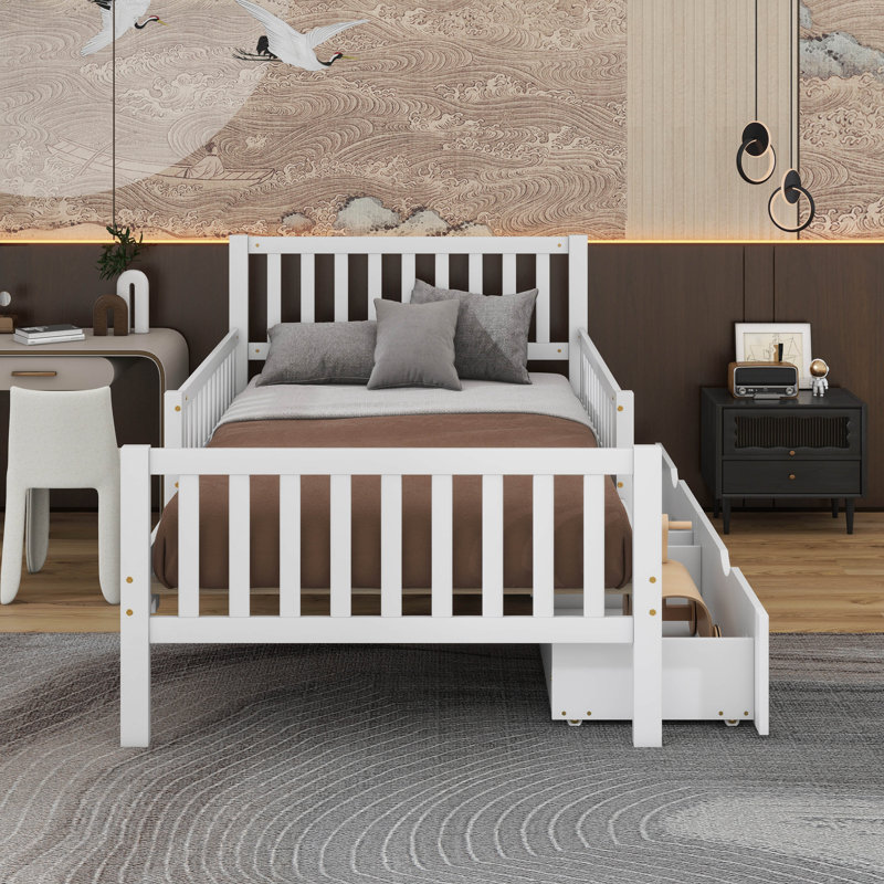 Lit plateforme simple en bois avec garde-corps des deux côtés et deux tiroirs, Blanc
