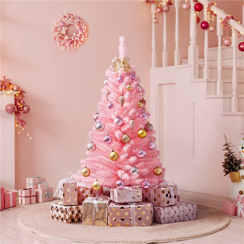 Sapin de Noël artificiel illuminé 4 pi avec base pliable, Rose