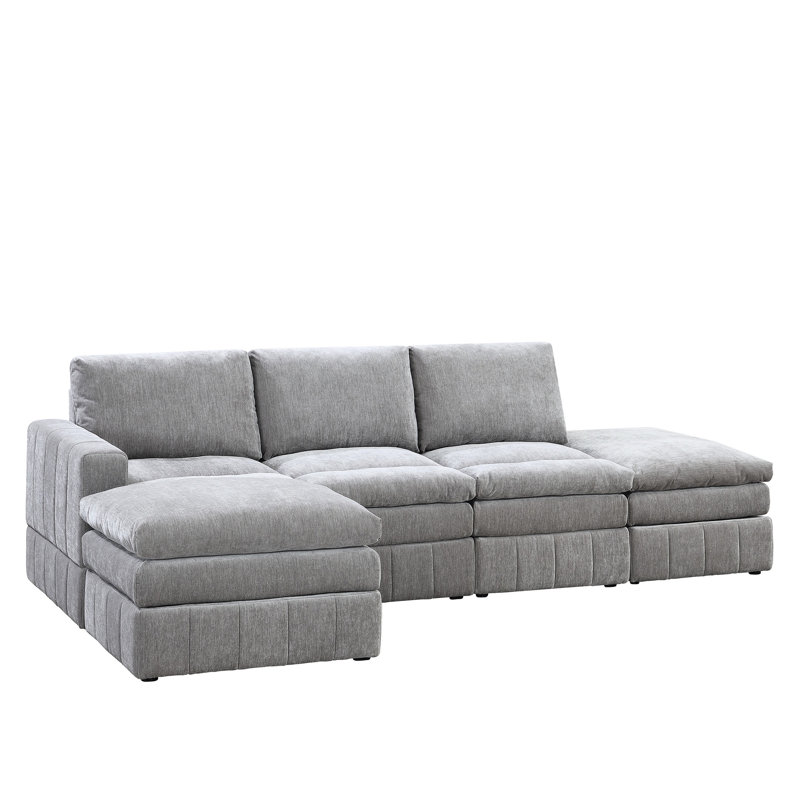 Canapé modulaire contemporain 5 pièces avec coussins et tissu en suède pour salon gris