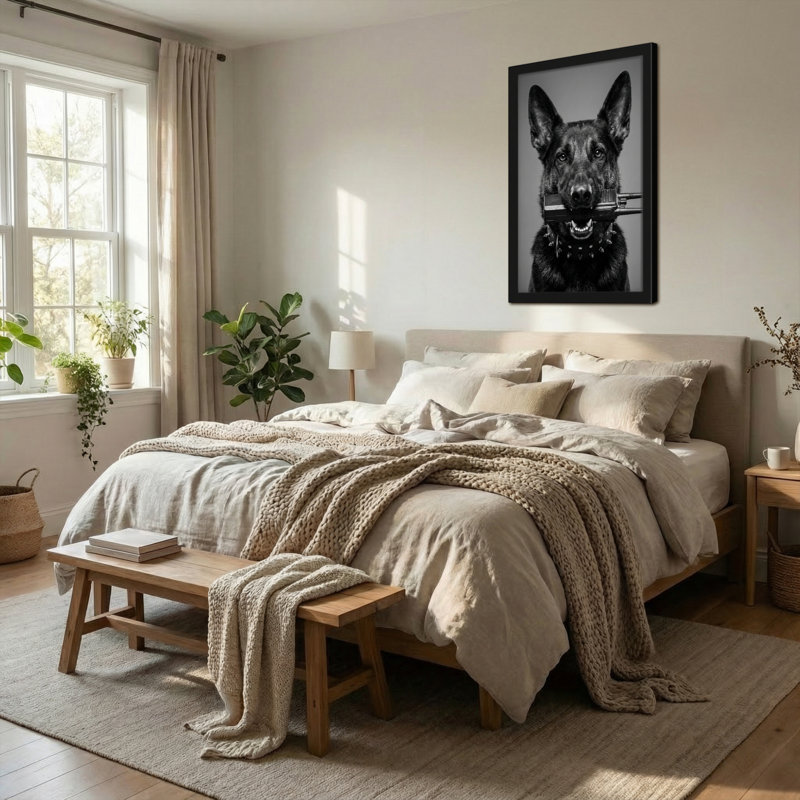 Animaux, berger allemand tenant un fusil dans la bouche, H 36 po x l 24 po