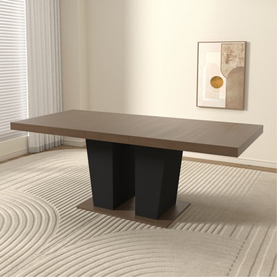 Extendable Dining Room Table For 4-10 People,Wooden Transformer Kitchen Dining Table With Black Double Sturdy Pedestal Base, Modern Expandable Large Table
