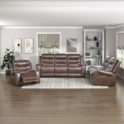 Denby Traditional Breathable Faux Leather 3-Piece Living Room Set with Power Recline, Integrated Consoles & Nailhead Trim