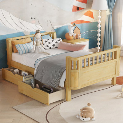 Lit plateforme simple en bois avec garde-corps et rangement spacieux, durable et sécuritaire pour les enfants