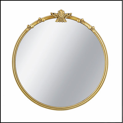 Miroir mural rond 30 po x 31 po avec finition dorée et écusson complexe, parfait pour un décor luxueux