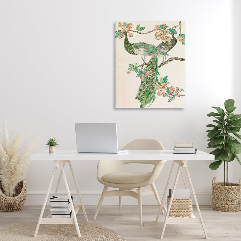 "Peacock & Cherry Blossoms", art mural sur toile par Melissa Wang, H 40 po x l 30 po