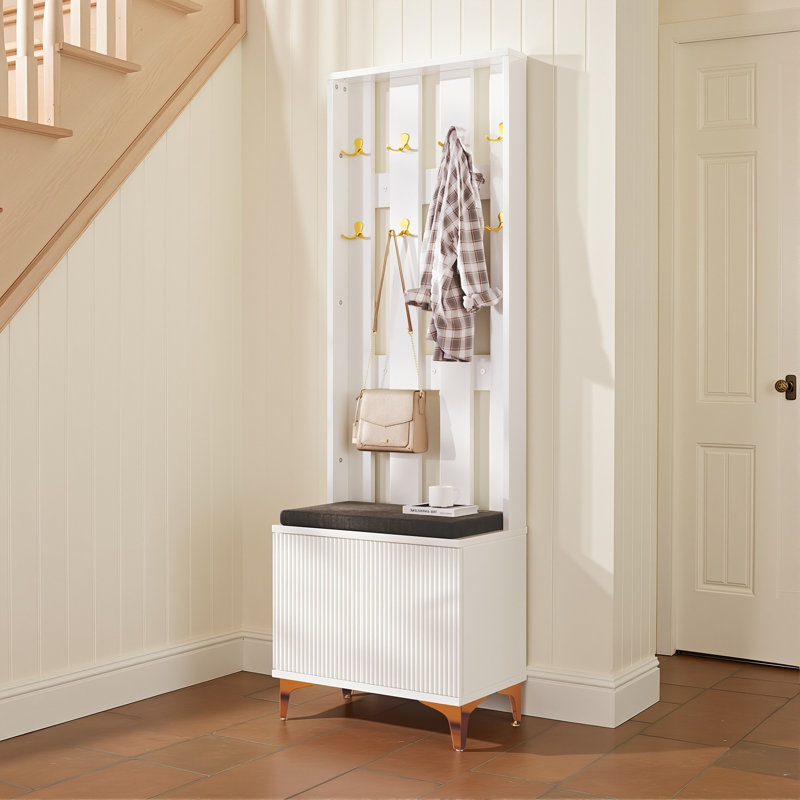 Modern Ribbed Hall Tree With Shoe Storage, Hallway Unit With Padded Bench, Hall Stand With 8 Gold Hooks, White