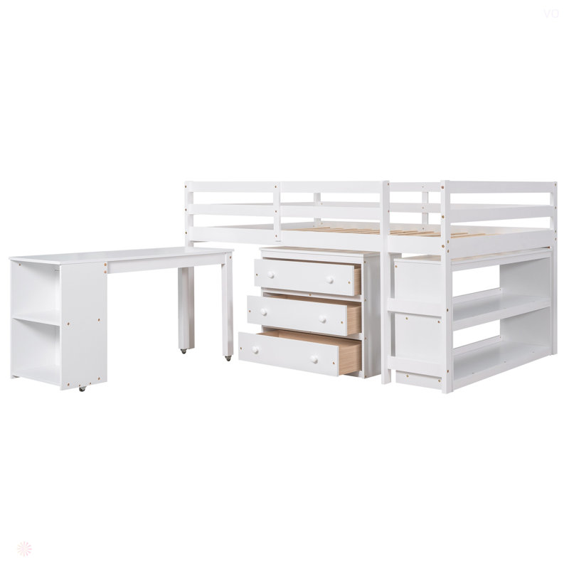 Lit mezzanine double bas avec cabinet, tablettes et bureau portatif à roulettes, lit multifonctionnel, Blanc