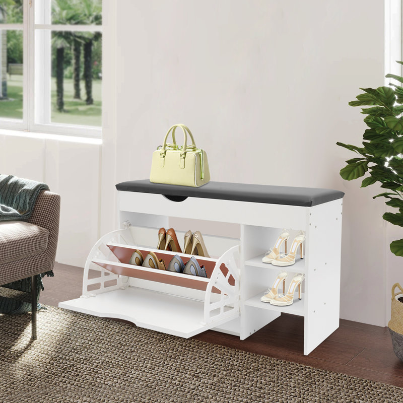 Shoe Bench With Cushion, Shoe Storage Bench, White