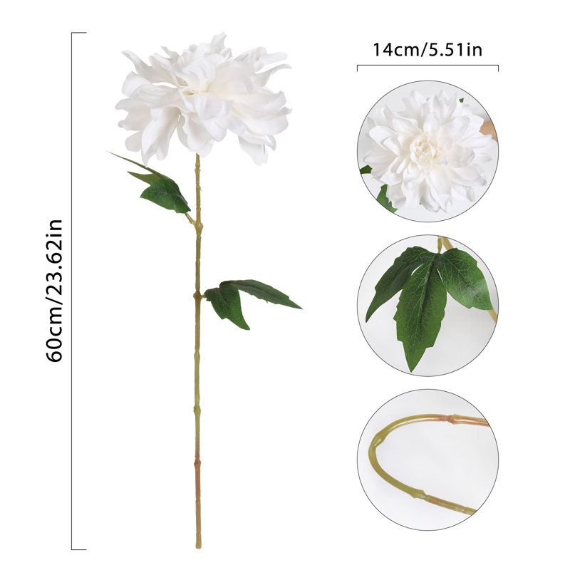 6 fleurs artificielles de dahlia, 23,62 po, Blanc