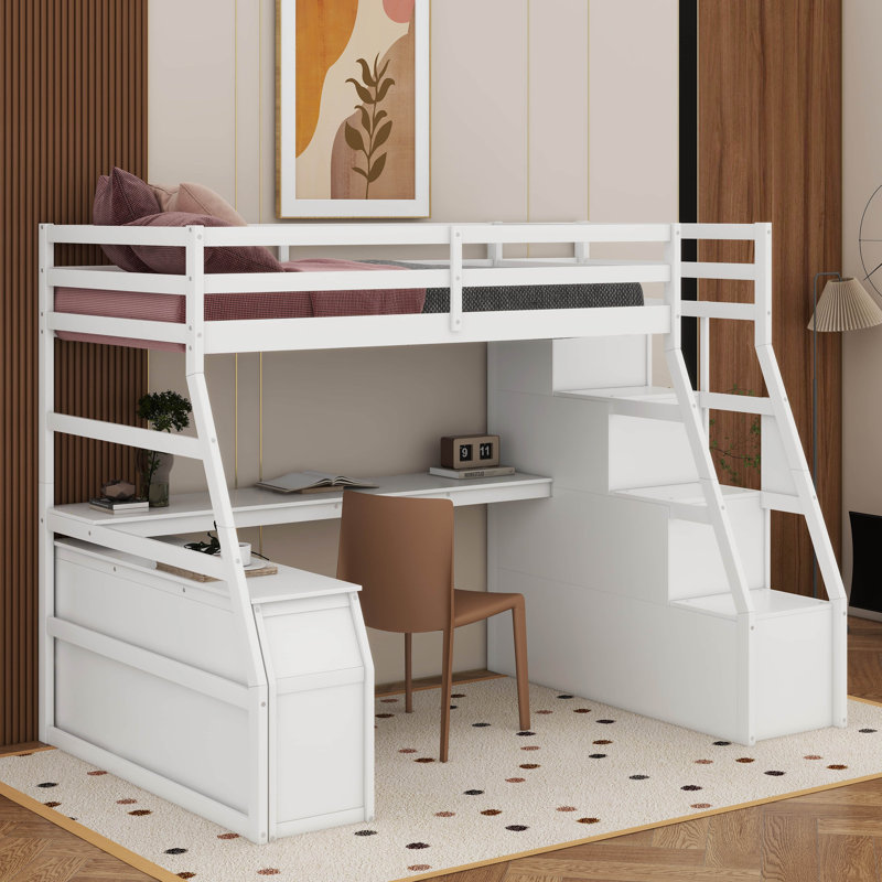 Lit mezzanine simple avec tiroirs, 2 tablettes et bureau, Blanc