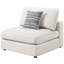 Fauteuil beige sans accoudoirs, style modulaire, pour coin salon principal, coussins amovibles faciles à rafraîchir, dossier garni de plumes et de duvet, coussins moelleux, revêtement en tissu, coussins inclus.