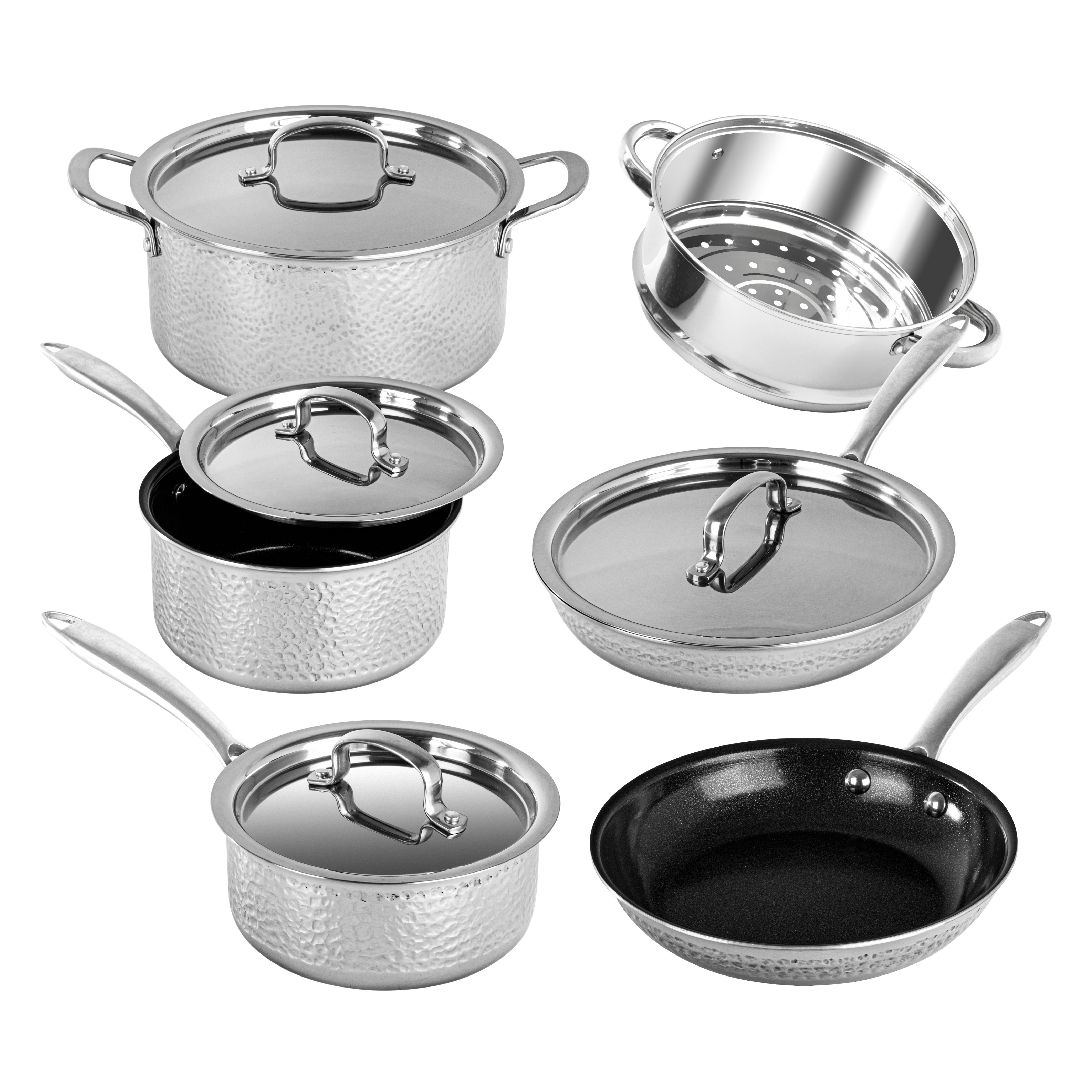 Granitestone Stainless Steel Hammered 10 Piece Nonstick Cookware Set, Stay  Cool Handles, Oven & Dishwasher Safe