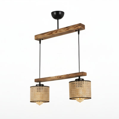 Luminaire suspendu pour îlot de cuisine 2 lumières à hauteur réglable avec structure en bois