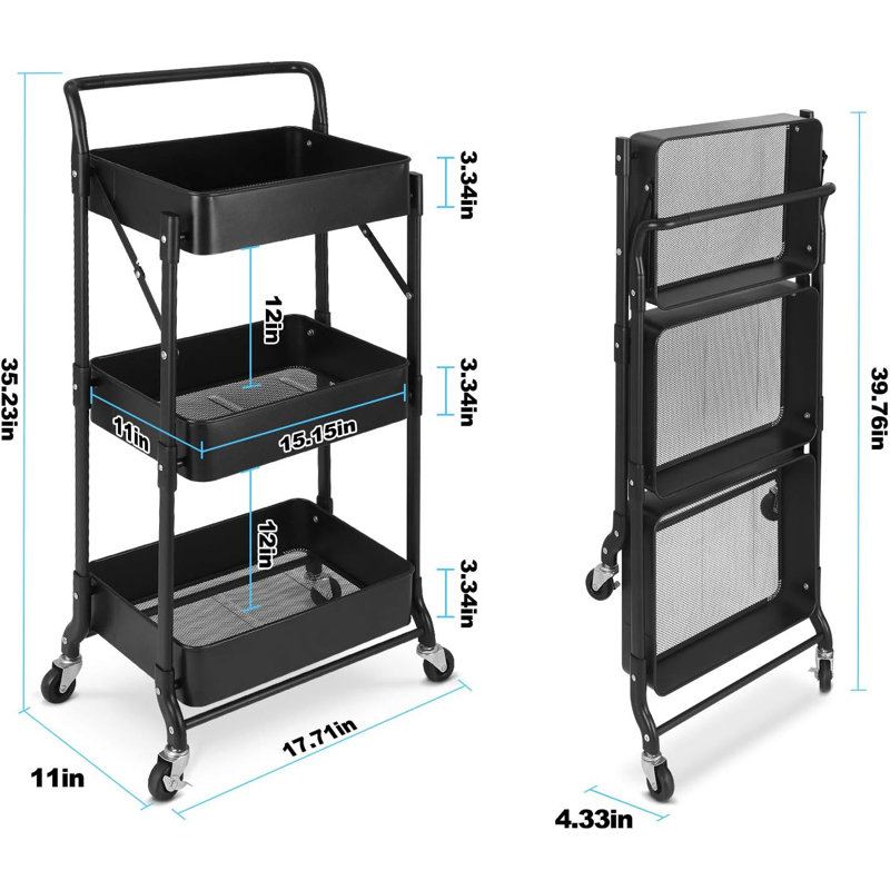 Foldable 3 Tier Rolling Cart, Black, 58.3" H x 17.7" W x 11" D