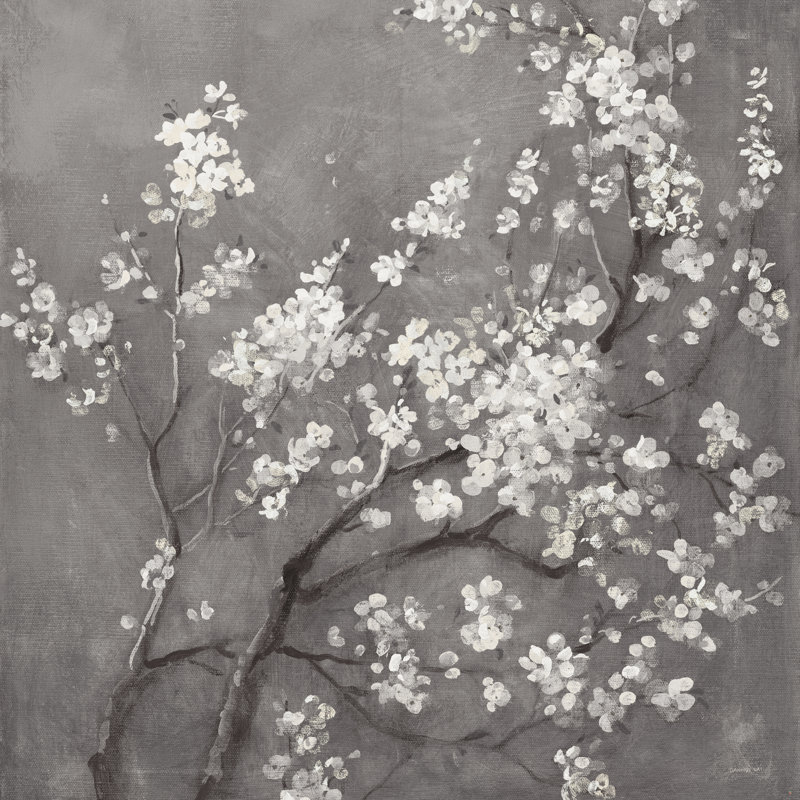 «White Cherry Blossoms I on Grey» par Danhui Nai, reproduction d'art sur toile tendue, H 12 po x l 12 po